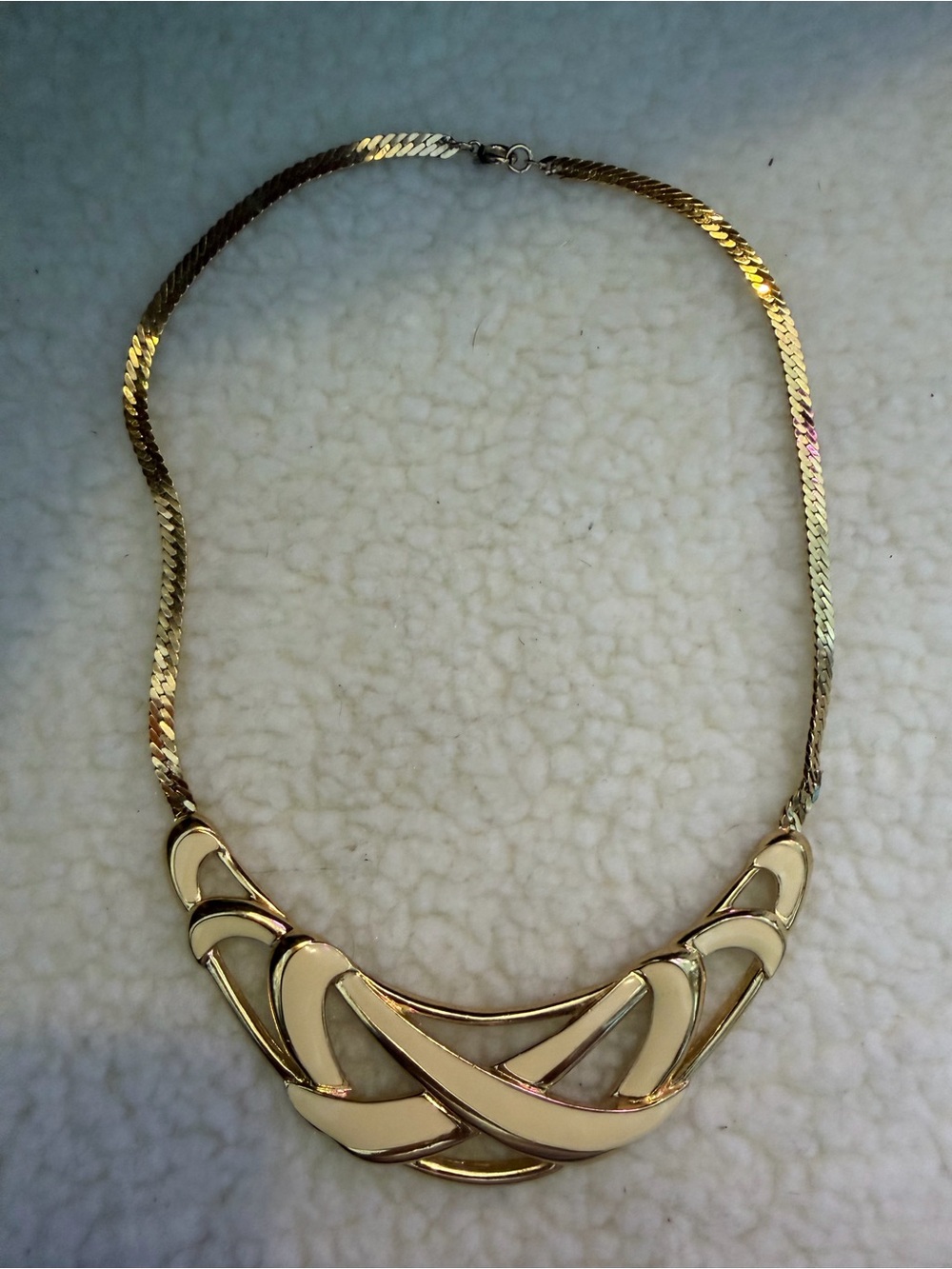 Vintage Trifari Gold Tone Cream Enamel Statement Collar Necklace Signed